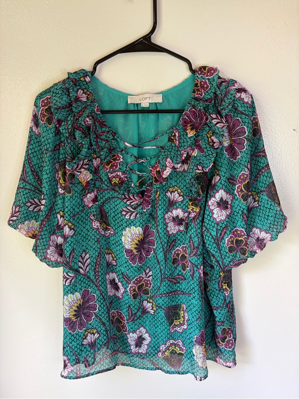 LOFT Teal Floral Lace-Up Ruffle Sleeve Blouse